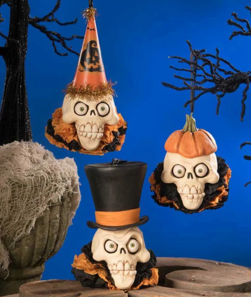 Bethany Lowe Halloween* De9372 Skelly Head Orn 3 Assorted