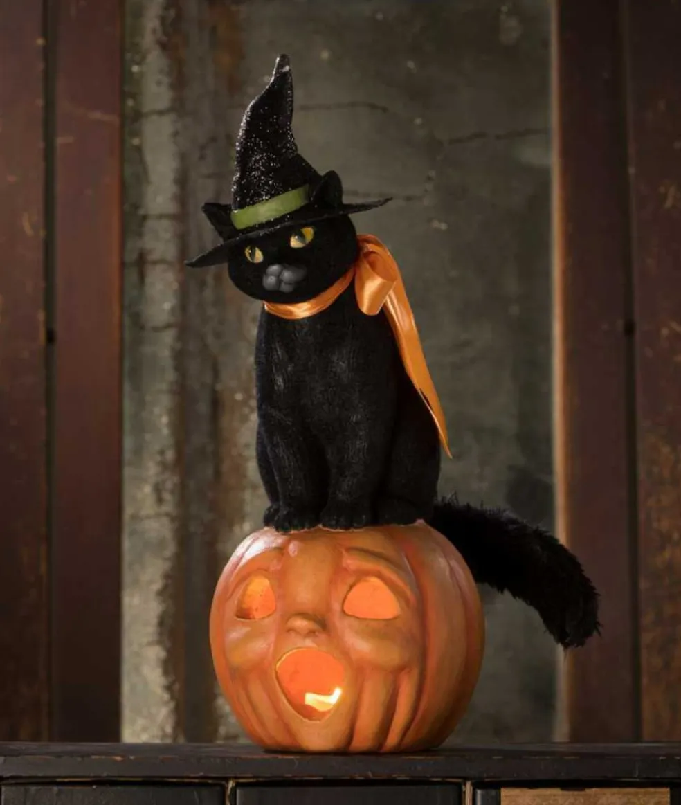 Bethany Lowe Halloween* Td0058 - Black Cat Witch On Jack O'Lantern