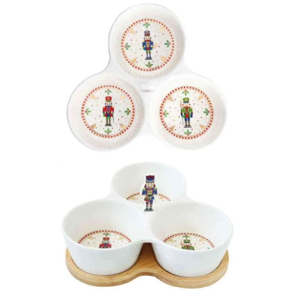 Easy Life Tableware* Tableware Porcelain Appetizer Set W/3 Bowls And Bamboo Base