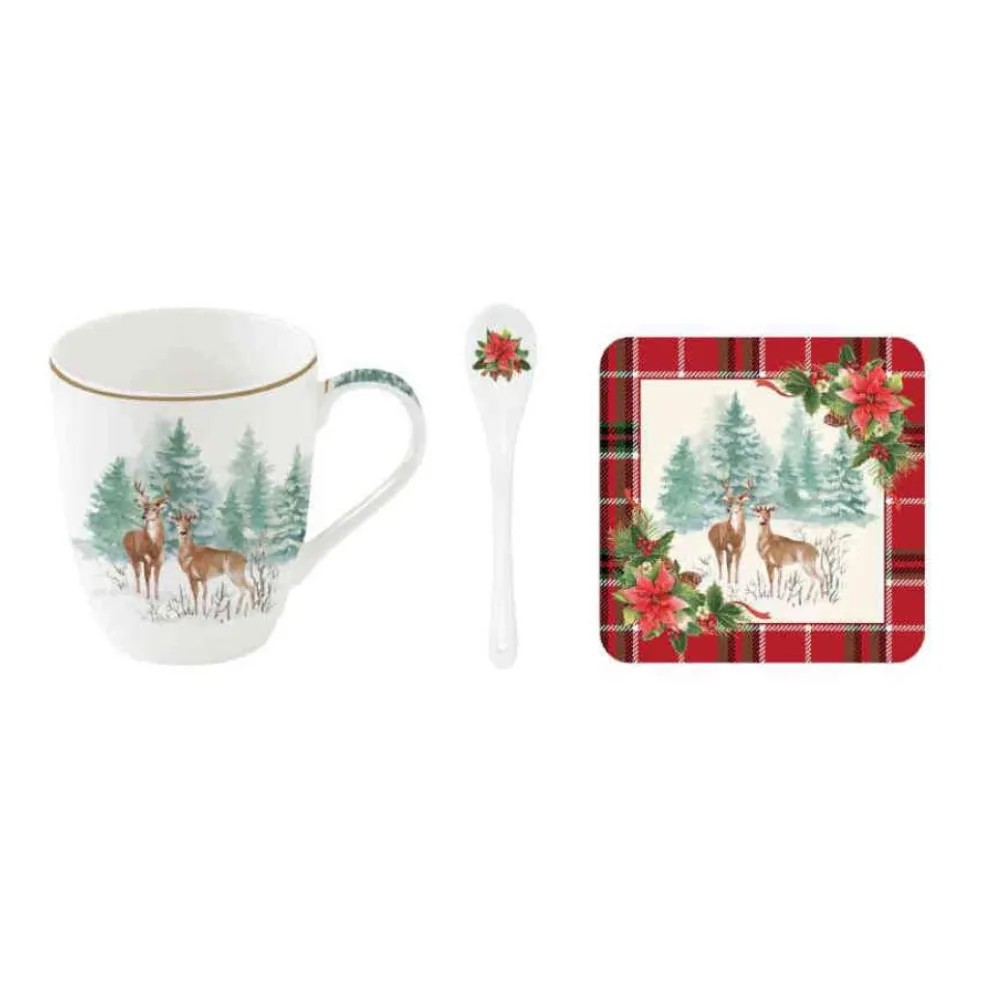 Easy Life Tableware* Tableware Porcelain Mug 350 Ml W/Spoon And Cork Coaster