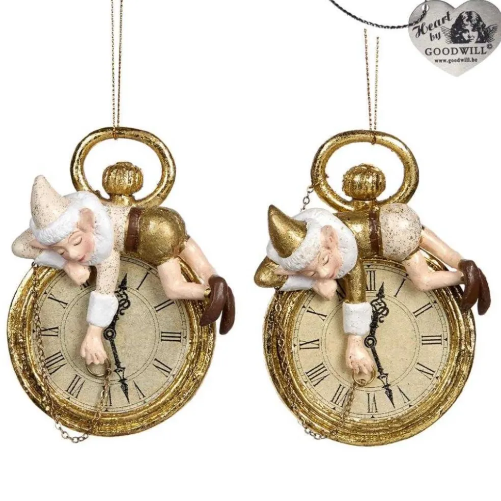 Goodwill Christmas Tree* Belgium Elf On Clock Ornament 2 Assorted B 94455