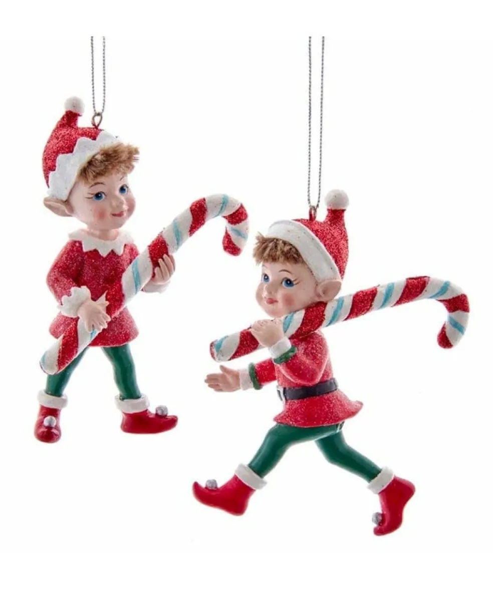 Kurt Adler Christmas Tree* 4" Resin Elf With Candy Cane Ornament 2 Assorted E0428