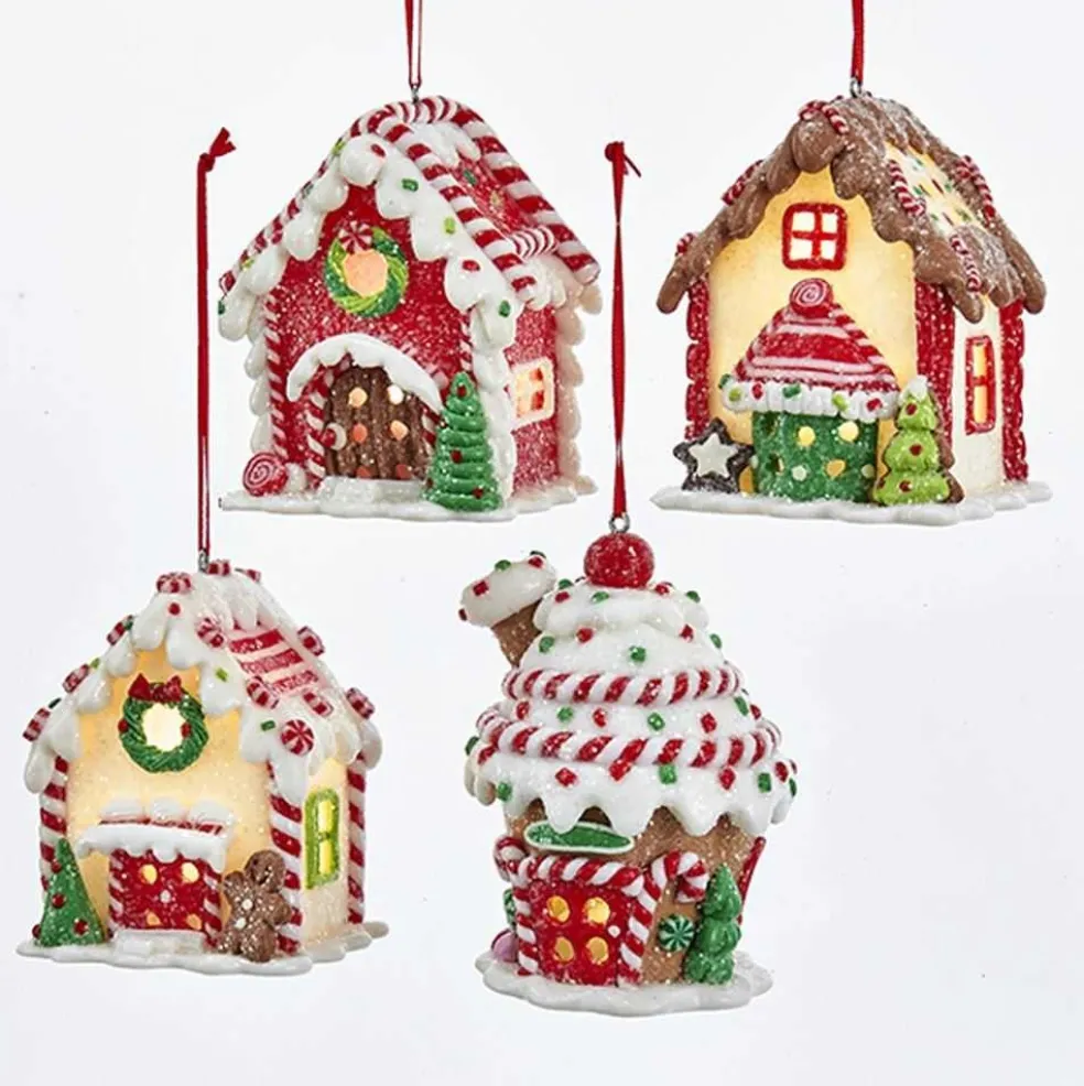 Kurt Adler Gingerbread* Nyc D3169 Battery-Operated Led Multi-Colored Gingerbread House Ornaments, 4 Assorted