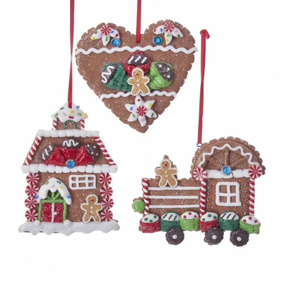 Kurt Adler Gingerbread* Nyc D3386 Gingerbread House, Heart And Train Ornaments, 3 Assorted
