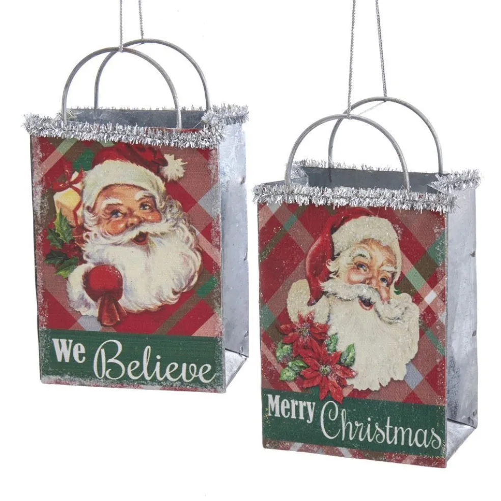 Kurt Adler Christmas Tree* Nyc G0212 Plaid Shop Bag With Santa Head Ornaments, 2 Assorted