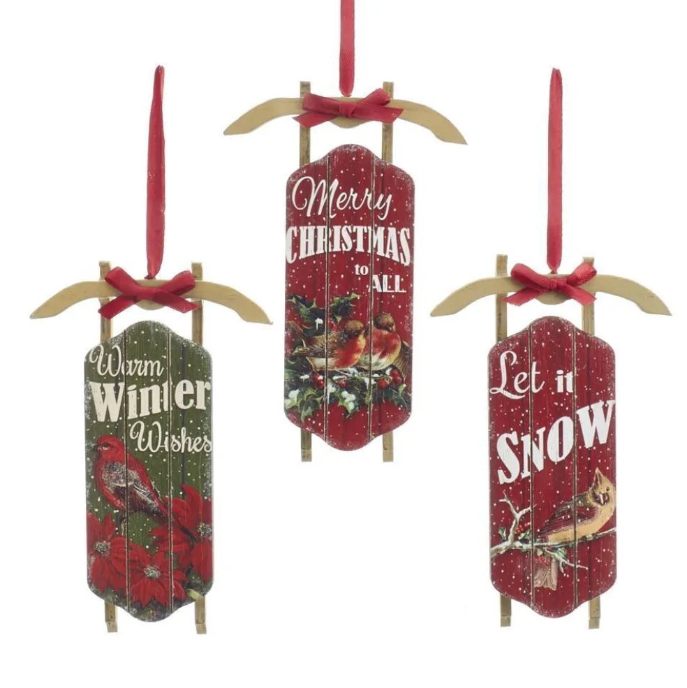 Kurt Adler Christmas Tree* Nyc G0187 Wooden Sled With Sayings Ornaments, 3 Assorted