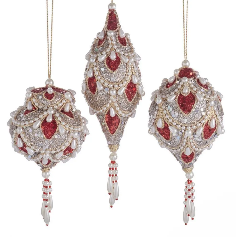Kurt Adler Christmas Tree* Nyc S4396 Ruby And Platinum Christmas Ornaments, 3 Assorted