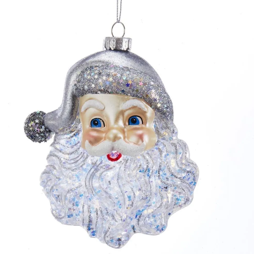 Kurt Adler Christmas Tree* Nyc T2622 Glass Santa Face With Silver Glitter Ornament