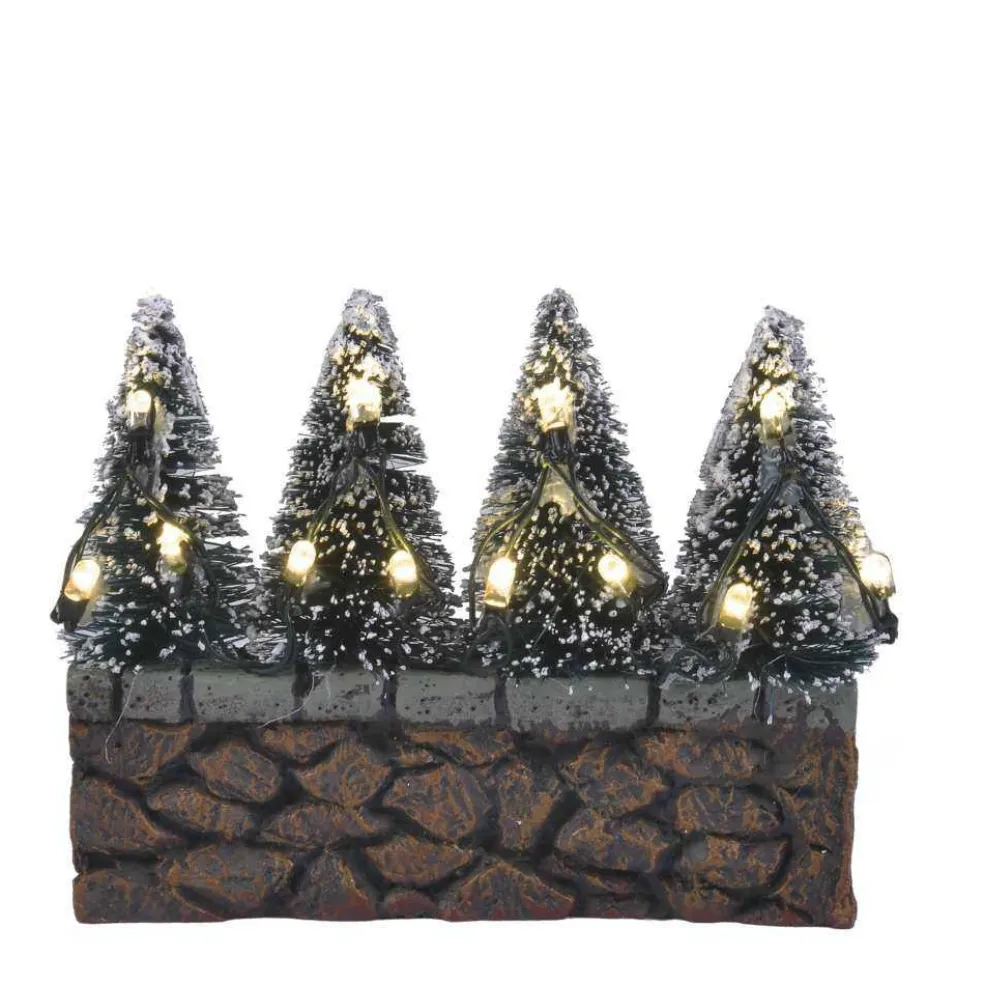 Luville Christmas Villages* Collectables Bristle Trees On Stone Wall With White Light Battery Operated 611187